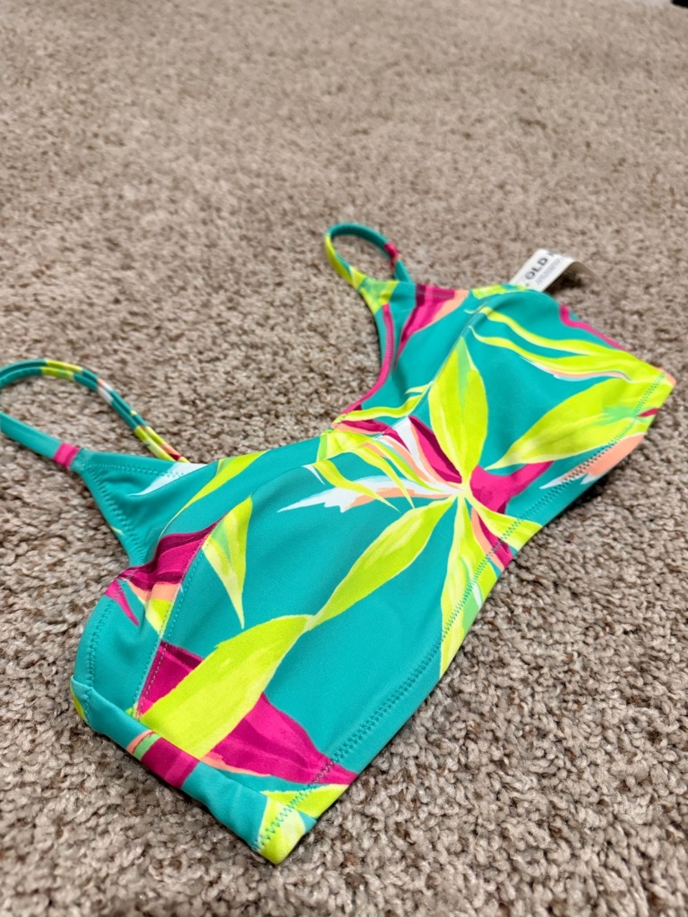 Old Navy Teal Bikini Top with Neon Yellow and Hot Pink Leaf Print